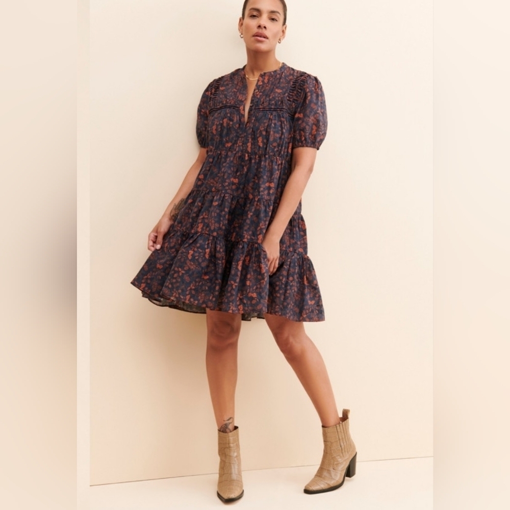 Anthropologie Current Air Navy & Rust Print Tiered Mini Baby Doll Dress | Medium